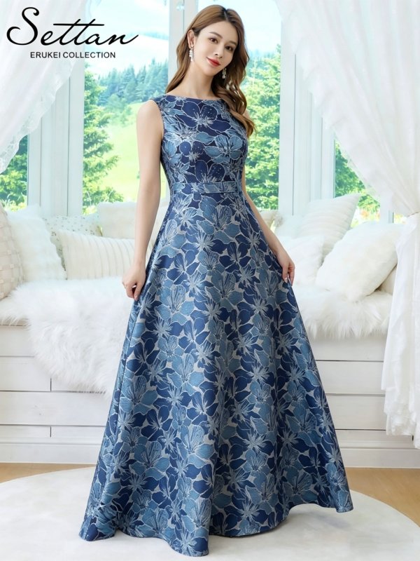 画像13: [送料無料][SETTAN]ピンク×シルバー・ブルー・ネイビー・ピンク×ゴールド・花柄・ラメ・ノースリーブ・フレア・Aライン・ロングドレス[即日発送][大きいサイズあり] (13)