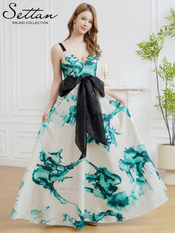 画像1: [送料無料][SETTAN]ホワイト×グリーン・プリント・切替・Vネック・リボンベルト・フレア・Aライン・ロングドレス[即日発送][大きいサイズあり] (1)