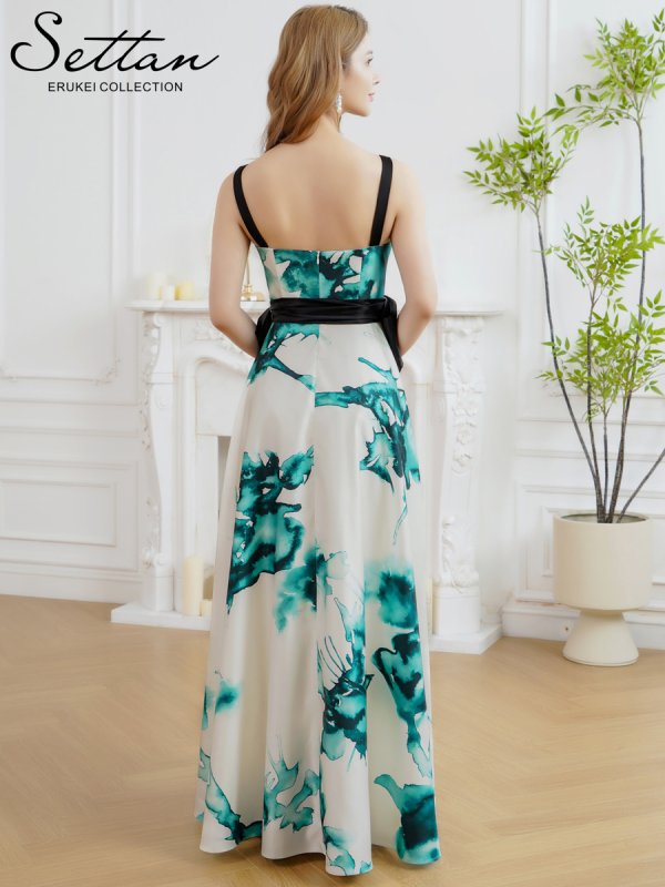 画像3: [送料無料][SETTAN]ホワイト×グリーン・プリント・切替・Vネック・リボンベルト・フレア・Aライン・ロングドレス[即日発送][大きいサイズあり] (3)