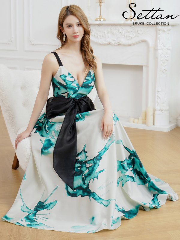 画像6: [送料無料][SETTAN]ホワイト×グリーン・プリント・切替・Vネック・リボンベルト・フレア・Aライン・ロングドレス[即日発送][大きいサイズあり] (6)