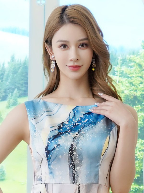 画像4: [送料無料][SETTAN]ブルー×オレンジ・パープル×イエロー・マーブルプリント・サテン・エレガント・ノースリーブ・Aライン・ロングドレス[即日発送][大きいサイズあり] (4)