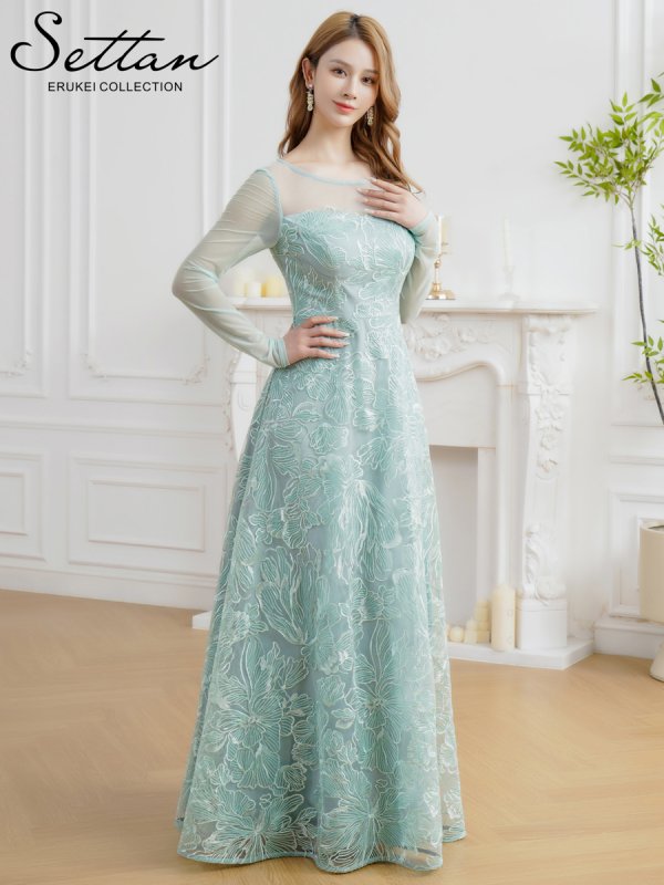 画像1: [送料無料][SETTAN]グリーン・ネイビー・花柄・シアー・チュールレース・スパンコール・長袖・ロングスリーブ・Aライン・フレア・ロングドレス[即日発送][大きいサイズあり] (1)