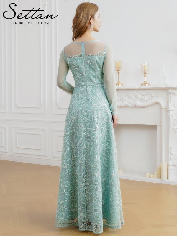 画像3: [送料無料][SETTAN]グリーン・ネイビー・花柄・シアー・チュールレース・スパンコール・長袖・ロングスリーブ・Aライン・フレア・ロングドレス[即日発送][大きいサイズあり] (3)