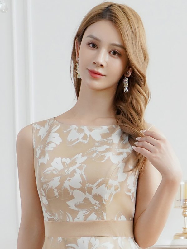 画像4: [送料無料][SETTAN]ベージュ・フラワープリント・花柄・ハイウエスト・ノースリーブ・ボートネック・Aライン・ロングドレス[即日発送][大きいサイズあり] (4)