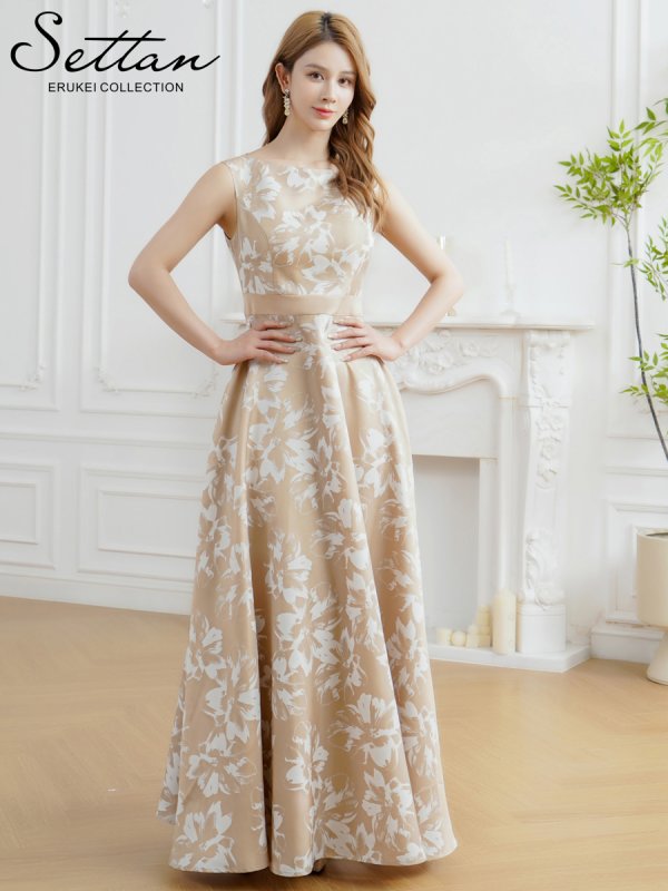 画像5: [送料無料][SETTAN]ベージュ・フラワープリント・花柄・ハイウエスト・ノースリーブ・ボートネック・Aライン・ロングドレス[即日発送][大きいサイズあり] (5)