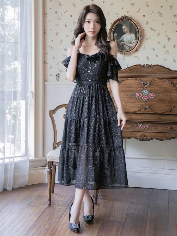 画像6: [送料無料][SETTAN]ブラック・フリル・飾りボタン・ラメ総レース・Aライン・オープンショルダー・ミディアムドレス・ワンピース[即日発送][大きいサイズあり] (6)