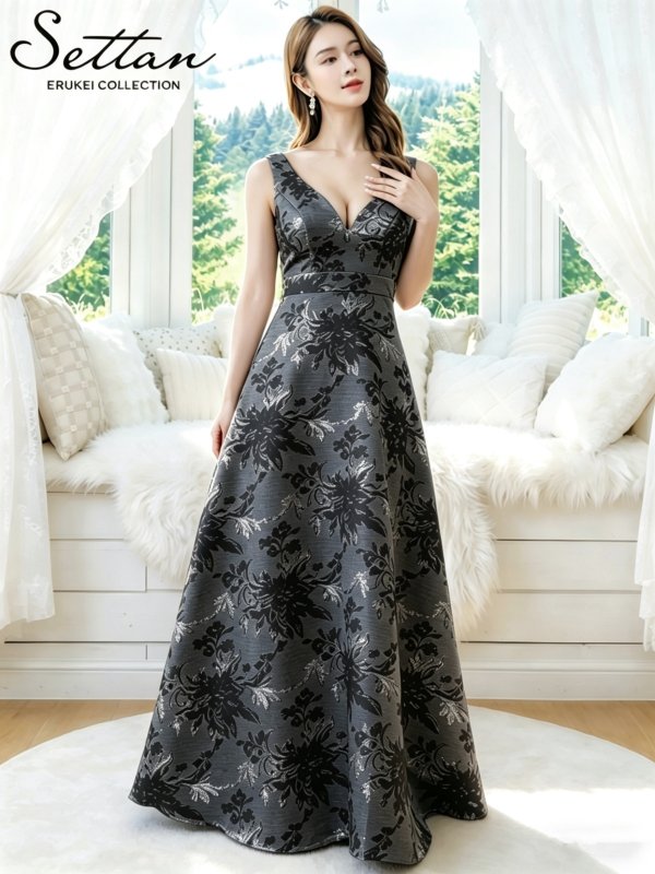 画像7: [送料無料][SETTAN]ピンク・ブラック・グレー・ジャガード・花柄・金糸・Vネック・ハイウエスト・ノースリーブ・フレア・Aライン・ロングドレス[即日発送][大きいサイズあり] (7)