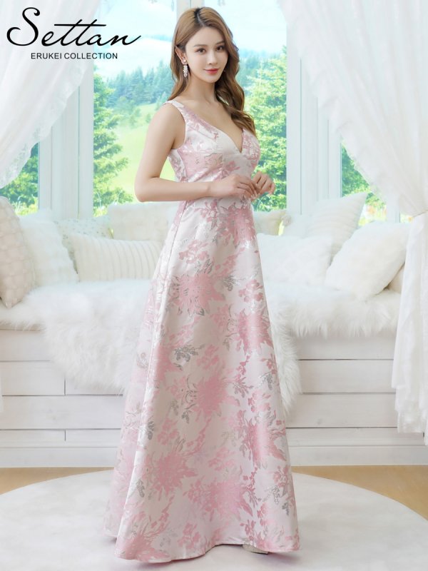 画像2: [送料無料][SETTAN]ピンク・ブラック・グレー・ジャガード・花柄・金糸・Vネック・ハイウエスト・ノースリーブ・フレア・Aライン・ロングドレス[即日発送][大きいサイズあり] (2)