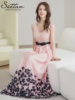 画像6: [送料無料][SETTAN]ピンク×ブラック・フラワープリント・花柄・レース・ハイウエスト・リボン・ノースリーブ・Vネック・Aライン・切替・ロングドレス[即日発送][大きいサイズあり] (6)