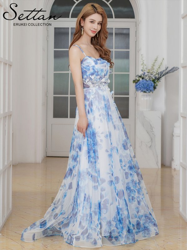 画像2: [送料無料][SETTAN]ホワイト×ブルー・ホワイト×ピンク・立体フラワー・ラメ・プリント・花柄・レース・キャミソール・スピンドル・Aライン・ロングドレス[即日発送][大きいサイズあり] (2)