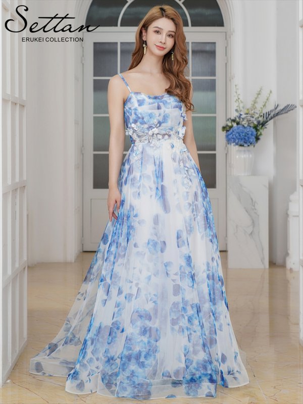 画像5: [送料無料][SETTAN]ホワイト×ブルー・ホワイト×ピンク・立体フラワー・ラメ・プリント・花柄・レース・キャミソール・スピンドル・Aライン・ロングドレス[即日発送][大きいサイズあり] (5)