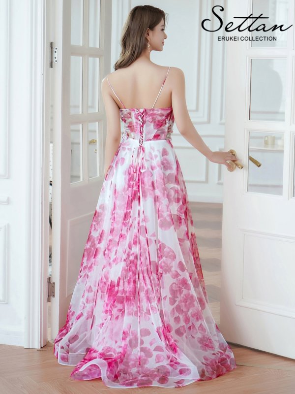 画像9: [送料無料][SETTAN]ホワイト×ブルー・ホワイト×ピンク・立体フラワー・ラメ・プリント・花柄・レース・キャミソール・スピンドル・Aライン・ロングドレス[即日発送][大きいサイズあり] (9)