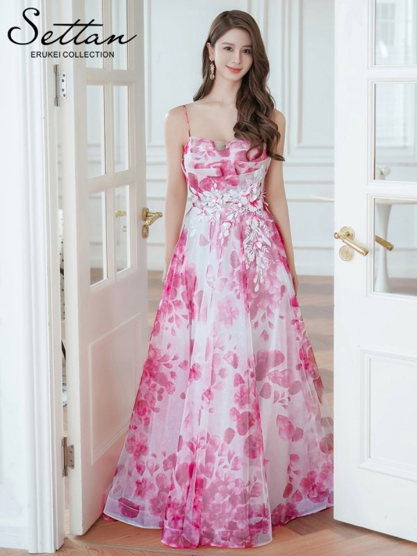 画像12: [送料無料][SETTAN]ホワイト×ブルー・ホワイト×ピンク・立体フラワー・ラメ・プリント・花柄・レース・キャミソール・スピンドル・Aライン・ロングドレス[即日発送][大きいサイズあり] (12)