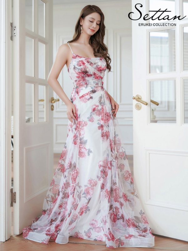 画像2: [送料無料][SETTAN]ホワイト×ピンク・ラメ・プリント・花柄・チュールレース・キャミソール・スリット・Aライン・ロングドレス[即日発送][大きいサイズあり] (2)