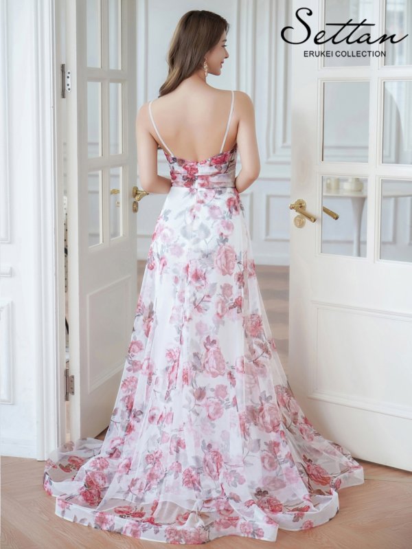 画像3: [送料無料][SETTAN]ホワイト×ピンク・ラメ・プリント・花柄・チュールレース・キャミソール・スリット・Aライン・ロングドレス[即日発送][大きいサイズあり] (3)