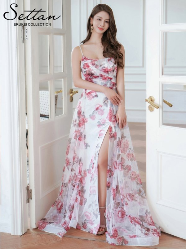 画像5: [送料無料][SETTAN]ホワイト×ピンク・ラメ・プリント・花柄・チュールレース・キャミソール・スリット・Aライン・ロングドレス[即日発送][大きいサイズあり] (5)