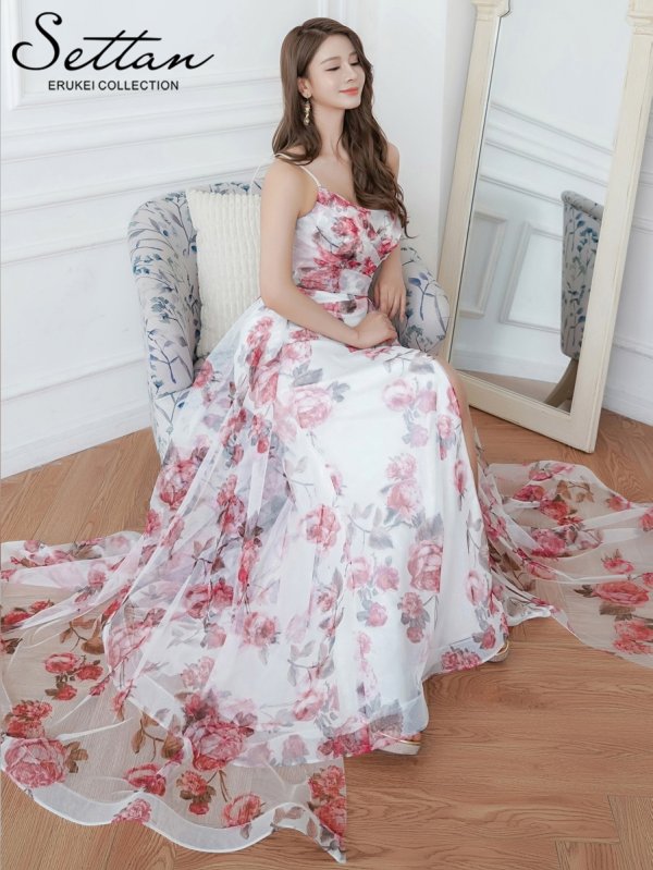画像6: [送料無料][SETTAN]ホワイト×ピンク・ラメ・プリント・花柄・チュールレース・キャミソール・スリット・Aライン・ロングドレス[即日発送][大きいサイズあり] (6)