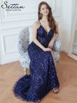 画像6: [送料無料][SETTAN]ネイビー・ラメ・チュールレース・ビーズ・スパンコール・刺繡・ノースリーブ・Vネック・スリット・タイト・ロングドレス[即日発送][大きいサイズあり] (6)
