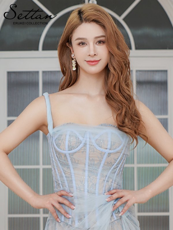 画像4: [送料無料][SETTAN]ブルー・ベージュ・総レース・チュールレース・スパンコール・ビスチェ・ワンショルダー・ドレープ・タイト・スリット・インナーミニドレス・ロングドレス[即日発送][大きいサイズあり] (4)