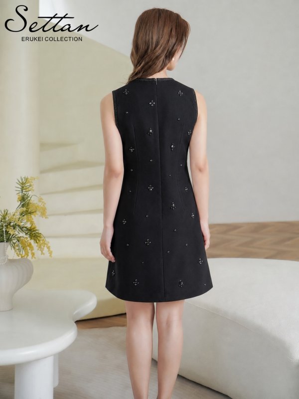画像3: [送料無料][GINZA COUTURE]ブラック・ホワイト・ワンカラー・シンプル・ラインストーン・スパンコール・ポケット・ノースリーブ・Aライン・ミニドレス・ワンピース[即日発送][大きいサイズあり] (3)