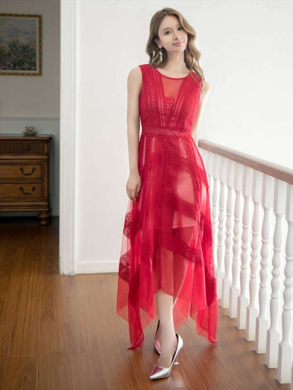 画像2: [送料無料][SETTAN]ワインレッド・ホワイト・ ピンク・ブラック・レース・チュール・ノースリーブ・イレギュラーヘム・インナーミニ・ロングドレス[即日発送][大きいサイズあり] (2)