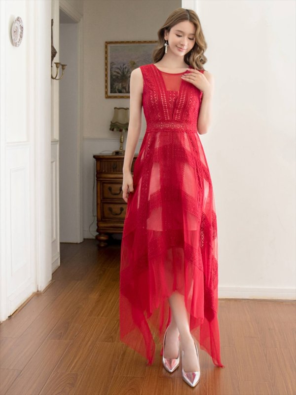 画像5: [送料無料][SETTAN]ワインレッド・ホワイト・ ピンク・ブラック・レース・チュール・ノースリーブ・イレギュラーヘム・インナーミニ・ロングドレス[即日発送][大きいサイズあり] (5)