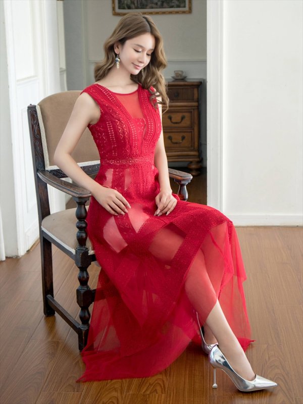 画像20: [送料無料][SETTAN]ブラック・ホワイト・ピンク・ワインレッド・レース・チュール・ノースリーブ・イレギュラーヘム・インナーミニ・ロングドレス[即日発送][大きいサイズあり] (20)