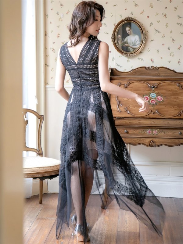 画像3: [送料無料][SETTAN]ブラック・ホワイト・ピンク・ワインレッド・レース・チュール・ノースリーブ・イレギュラーヘム・インナーミニ・ロングドレス[即日発送][大きいサイズあり] (3)