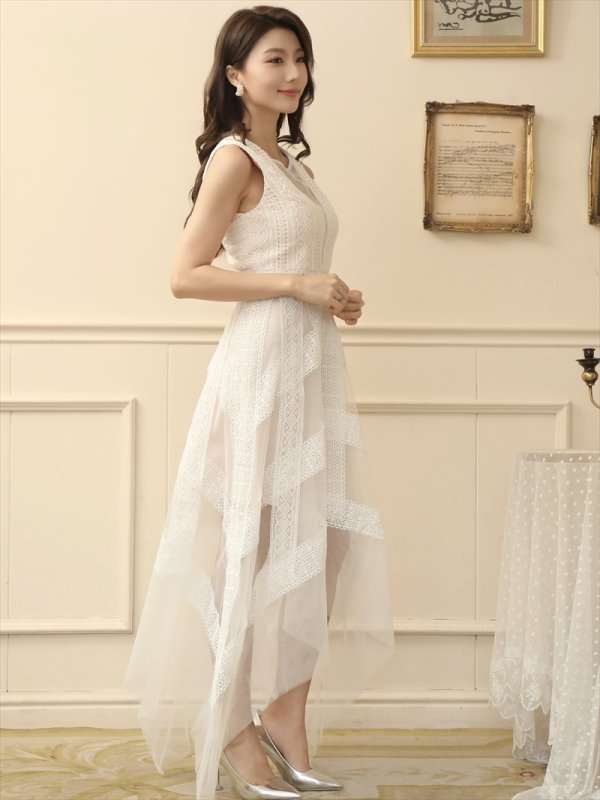 画像8: [送料無料][SETTAN]ブラック・ホワイト・ピンク・ワインレッド・レース・チュール・ノースリーブ・イレギュラーヘム・インナーミニ・ロングドレス[即日発送][大きいサイズあり] (8)