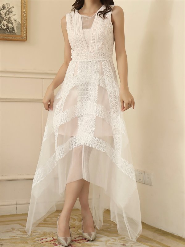 画像10: [送料無料][SETTAN]ブラック・ホワイト・ピンク・ワインレッド・レース・チュール・ノースリーブ・イレギュラーヘム・インナーミニ・ロングドレス[即日発送][大きいサイズあり] (10)