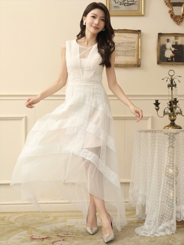 画像11: [送料無料][SETTAN]ブラック・ホワイト・ピンク・ワインレッド・レース・チュール・ノースリーブ・イレギュラーヘム・インナーミニ・ロングドレス[即日発送][大きいサイズあり] (11)