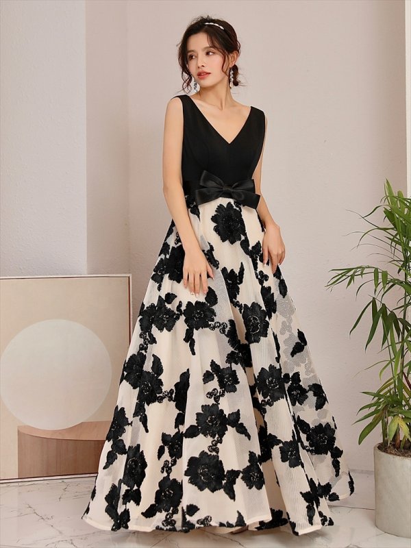 画像6: [送料無料][SETTAN]ブラック・レッド・立体刺繍・フラワー・ウエストリボン・スピンドル・ノースリーブ・Aライン・Vネック・ロングドレス[即日発送][大きいサイズあり] (6)