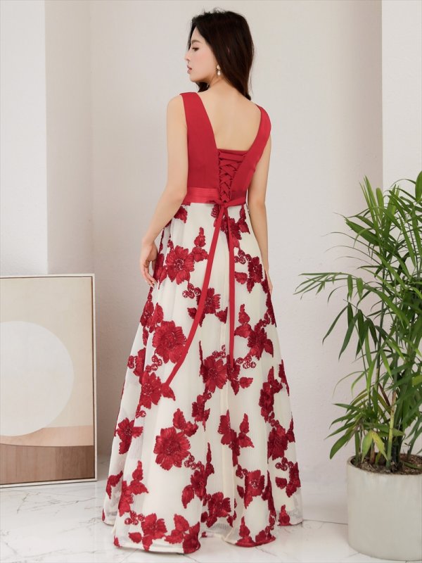 画像8: [送料無料][SETTAN]ブラック・レッド・立体刺繍・フラワー・ウエストリボン・スピンドル・ノースリーブ・Aライン・Vネック・ロングドレス[即日発送][大きいサイズあり] (8)