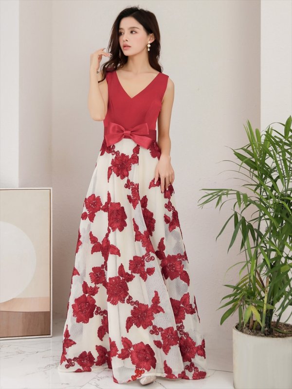 画像9: [送料無料][SETTAN]ブラック・レッド・立体刺繍・フラワー・ウエストリボン・スピンドル・ノースリーブ・Aライン・Vネック・ロングドレス[即日発送][大きいサイズあり] (9)