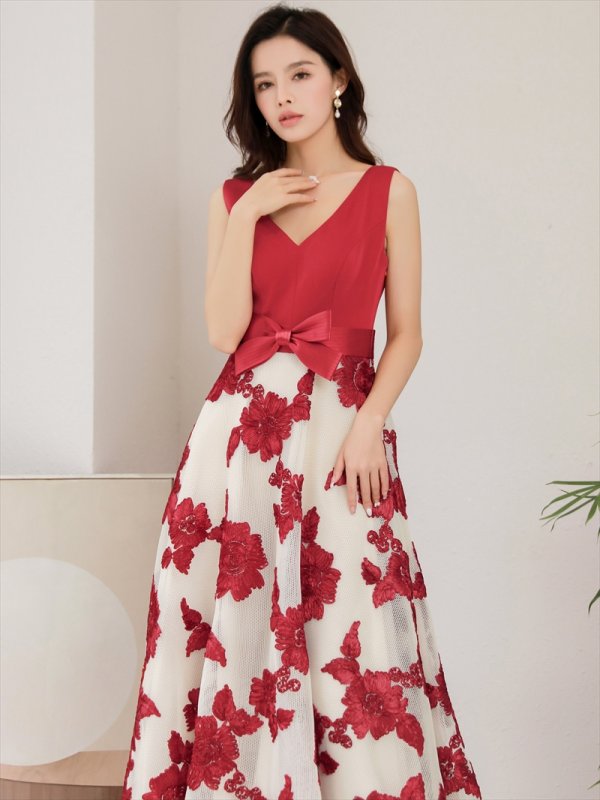 画像10: [送料無料][SETTAN]ブラック・レッド・立体刺繍・フラワー・ウエストリボン・スピンドル・ノースリーブ・Aライン・Vネック・ロングドレス[即日発送][大きいサイズあり] (10)