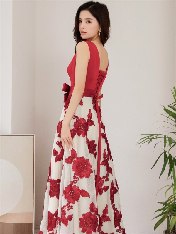 画像11: [送料無料][SETTAN]ブラック・レッド・立体刺繍・フラワー・ウエストリボン・スピンドル・ノースリーブ・Aライン・Vネック・ロングドレス[即日発送][大きいサイズあり] (11)