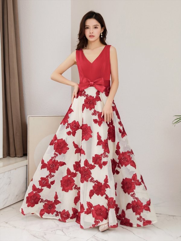 画像12: [送料無料][SETTAN]ブラック・レッド・立体刺繍・フラワー・ウエストリボン・スピンドル・ノースリーブ・Aライン・Vネック・ロングドレス[即日発送][大きいサイズあり] (12)