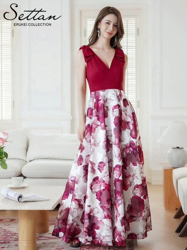 画像8: [送料無料][SETTAN]ブラック×イエロー・ワインレッド×ホワイト・リボン・プリント・Vネック・ノースリーブ ・オーガンジー・Aライン・ロングドレス[即日発送][大きいサイズあり] (8)