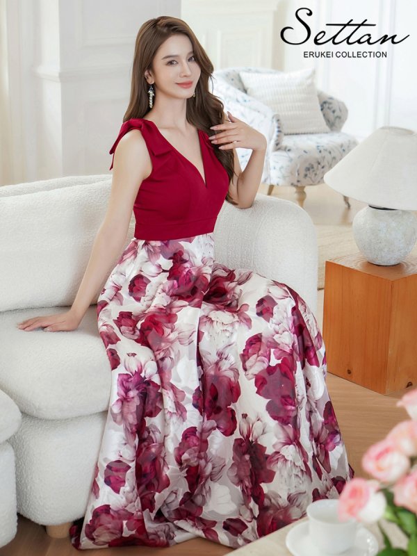 画像12: [送料無料][SETTAN]ブラック×イエロー・ワインレッド×ホワイト・リボン・プリント・Vネック・ノースリーブ ・オーガンジー・Aライン・ロングドレス[即日発送][大きいサイズあり] (12)