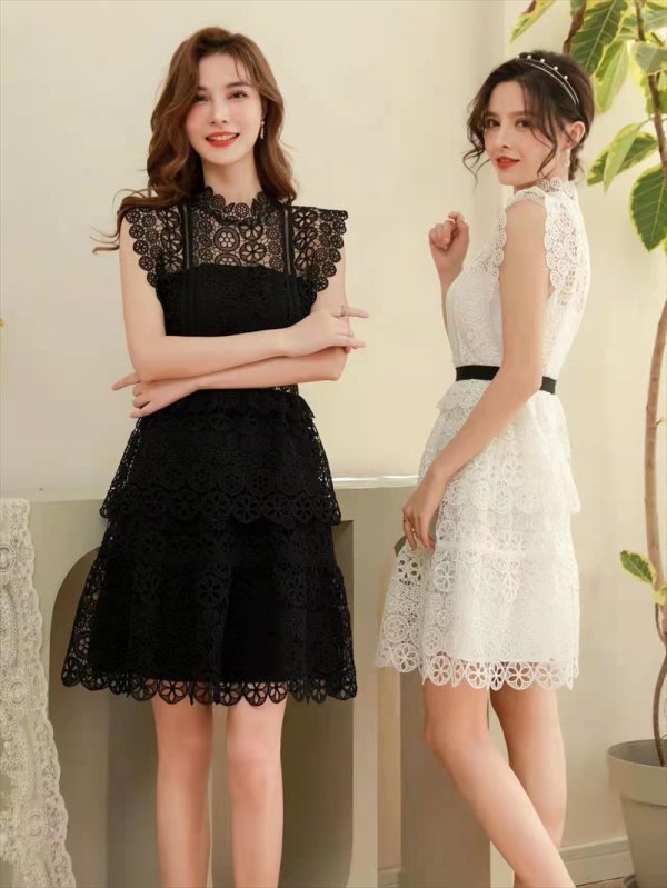 画像10: [送料無料][SETTAN]ホワイト・ブラック・ノースリーブ・ティアード・レース・ミニドレス・ワンピース[即日発送][大きいサイズあり] (10)