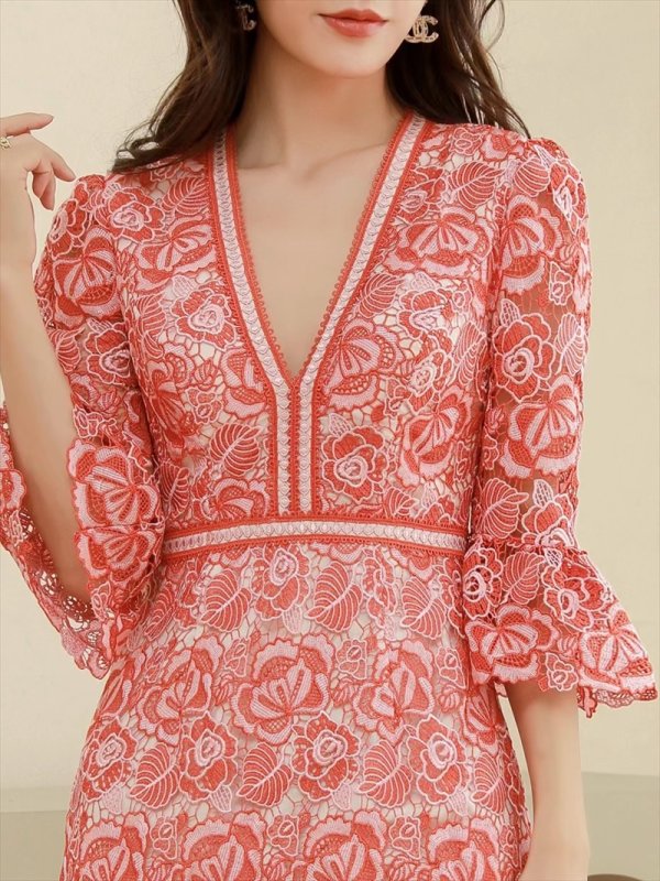 画像5: [送料無料][SETTAN]オレンジ・ブルー・総レース・七分袖・Vネック・タイト・ミニドレス・ワンピース[即日発送][大きいサイズあり] (5)