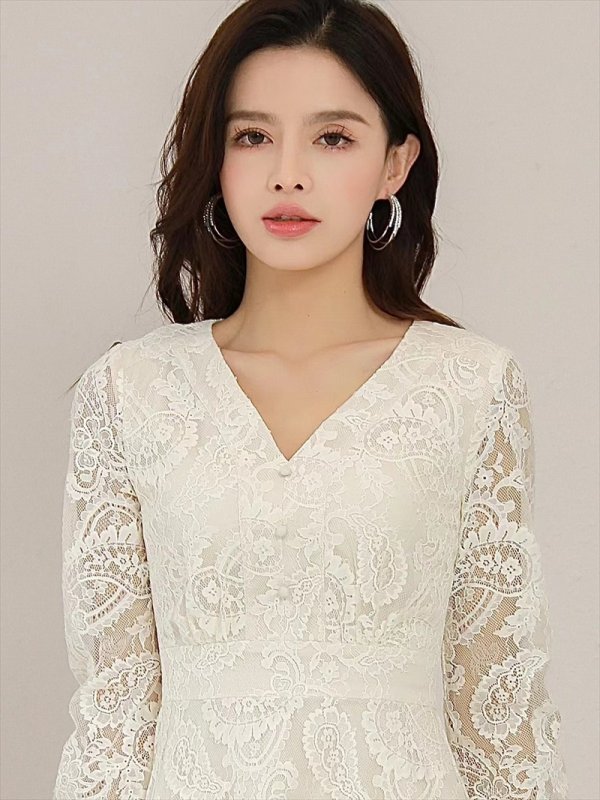 画像11: [送料無料][SETTAN]ブラック・ホワイト・総レース・フラワーレース・ロングスリーブ・長袖・Vネック・Aライン・ミディアムドレス・ワンピース[即日発送][大きいサイズあり] (11)