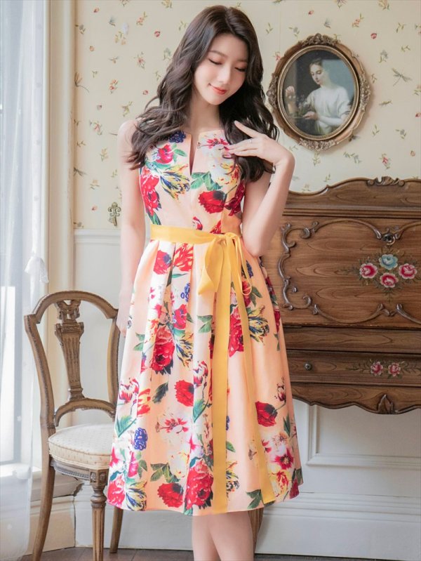 画像2: [送料無料][SETTAN]フラワープリント・花柄・ノースリーブ・ハイウエスト・Aライン・ミディアムドレス・ワンピース[即日発送][大きいサイズあり] (2)