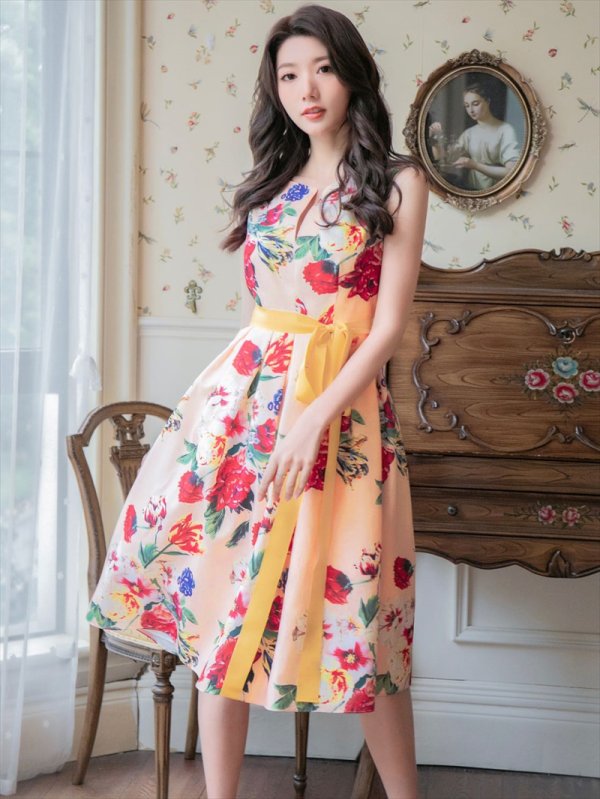 画像4: [送料無料][SETTAN]フラワープリント・花柄・ノースリーブ・ハイウエスト・Aライン・ミディアムドレス・ワンピース[即日発送][大きいサイズあり] (4)