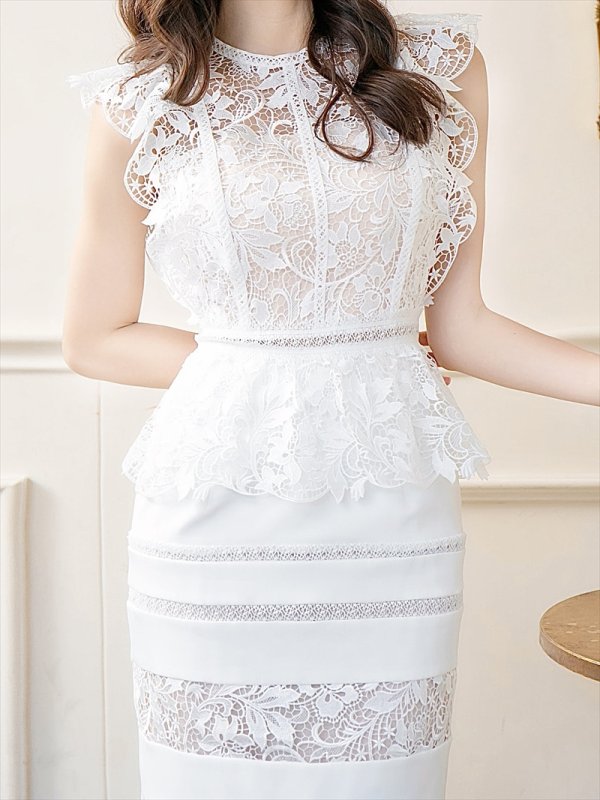 画像9: [送料無料][SETTAN]ブラック・ホワイト・ケミカルレース・ペプラム・タイト・ショート丈・ミディアムドレス・ワンピース[即日発送][大きいサイズあり] (9)