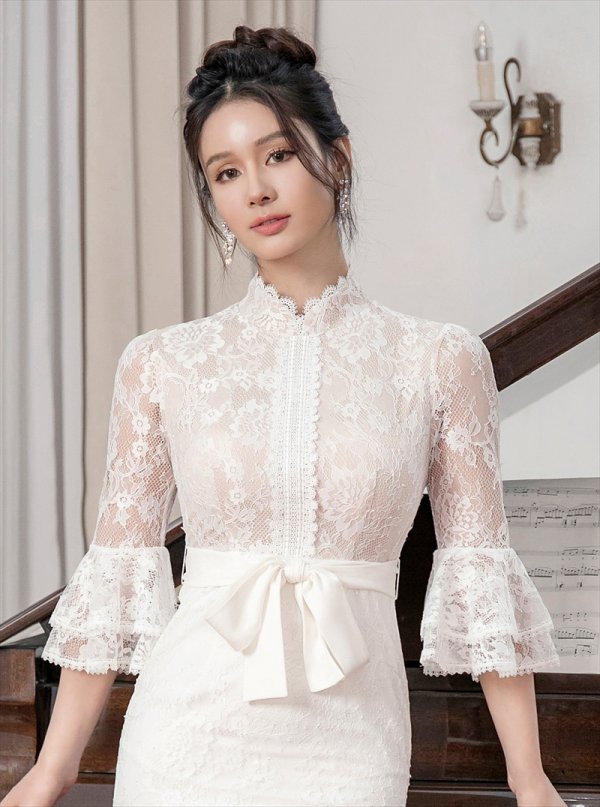 画像4: [送料無料][SETTAN]ホワイト・プチハイネック・総レース・7分袖・フリル・ウエストリボン・ミニドレス・ワンピース[即日発送][大きいサイズあり] (4)