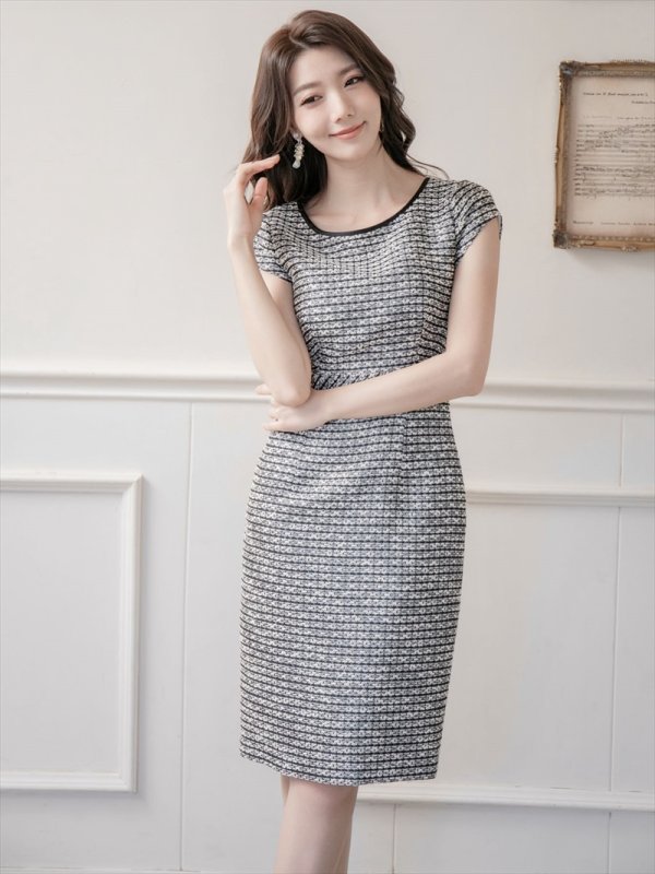 画像2: [送料無料][SETTAN]ブラック×ホワイト・ツイード・タイト・フレンチリーブ・ミニドレス・ワンピース[即日発送][大きいサイズあり] (2)