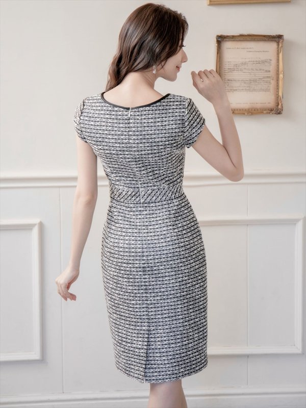 画像3: [送料無料][SETTAN]ブラック×ホワイト・ツイード・タイト・フレンチリーブ・ミニドレス・ワンピース[即日発送][大きいサイズあり] (3)