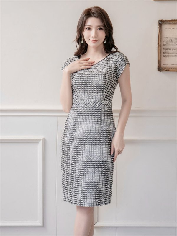 画像4: [送料無料][SETTAN]ブラック×ホワイト・ツイード・タイト・フレンチリーブ・ミニドレス・ワンピース[即日発送][大きいサイズあり] (4)