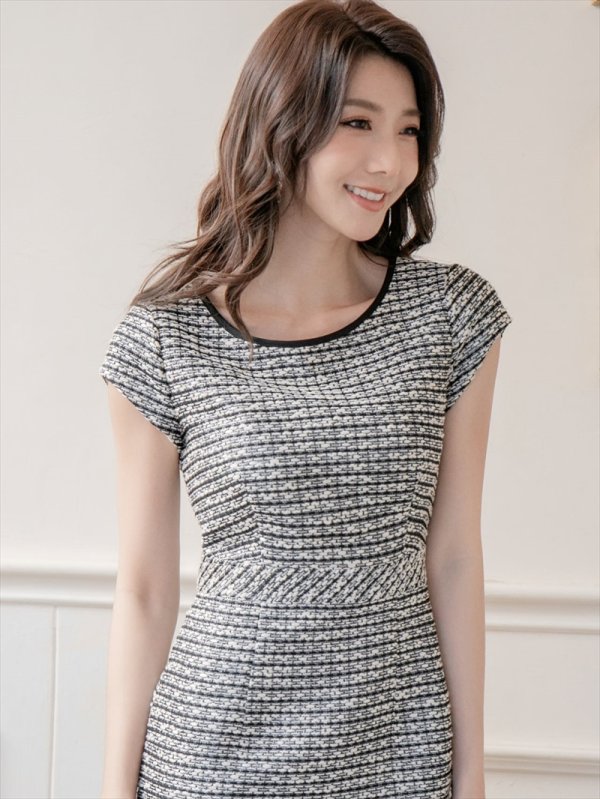 画像5: [送料無料][SETTAN]ブラック×ホワイト・ツイード・タイト・フレンチリーブ・ミニドレス・ワンピース[即日発送][大きいサイズあり] (5)